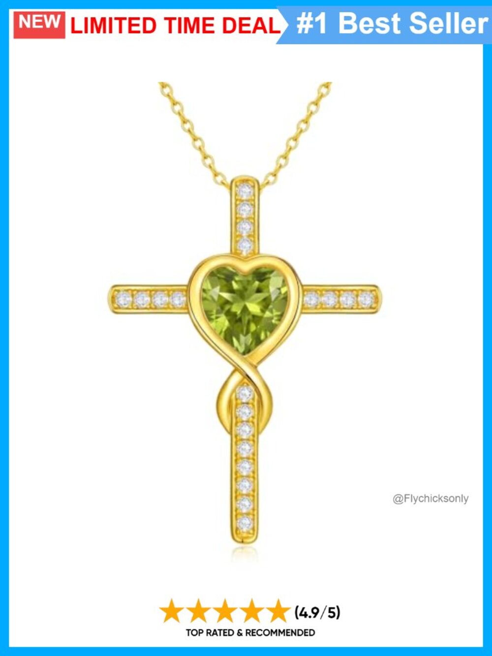 Gold Plated Cross Necklace Peridot Birthstone Pendant 18+2 Inch Cable Chain